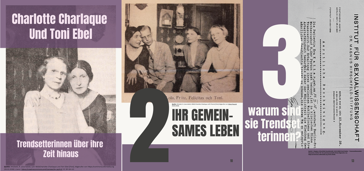 Pdf über Charlotte Charlaque und Toni Ebel, ein Magazin, geschrieben und designt, von 15 Personen der Klasse GsGy24-1 der Ruth-Pfau-Schule Leipzig
