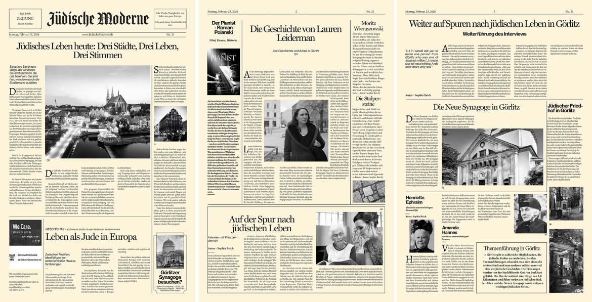 Zeitung „Jüdische Moderne“ - Jüdisches Leben früher und heute in Europa der Klasse 10 Augustum-Annen-Gymn. Görlitz, Lehrer: Rudolf Kebsch