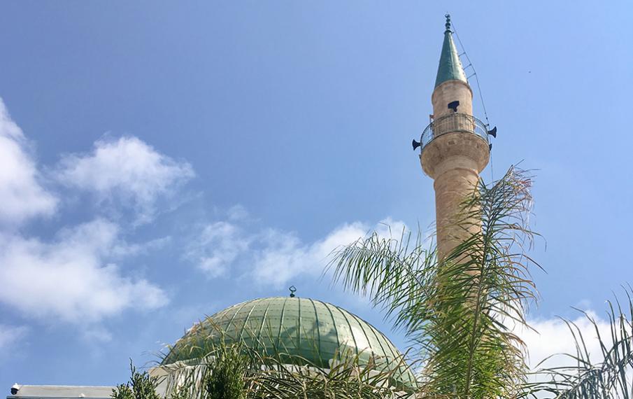 Aus der Untersicht fotografiert ist eine Moschee mit rundem Dach und Gebetsturm. Einige Palmenwedel Ragen in das Bild. 